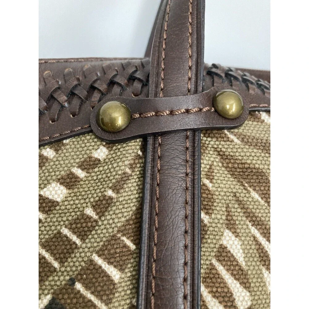 Fossil Palm Print Satchel Tote Leather Canvas Brown Excellent